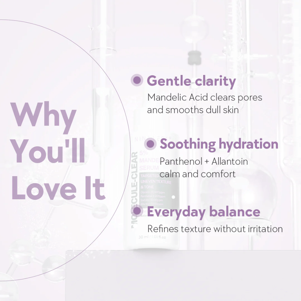 Grafik med text som förklarar fördelarna med Nine Less Molecule-Clear 5% Mandelic Acid Serum: mild klarhet, lugnande återfuktning och daglig balans för huden.