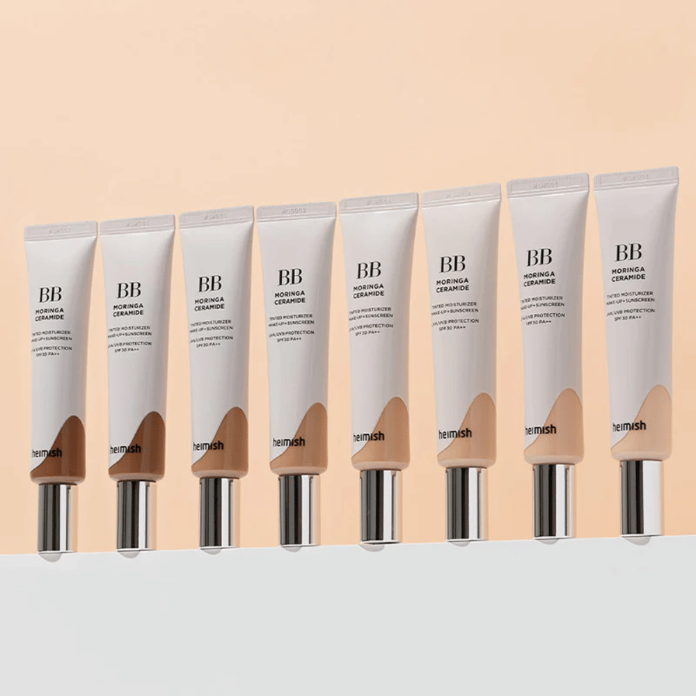 Fila di Heimish Moringa Ceramide BB Cream in diverse tonalità di colore. L'immagine illustra la variazione da tonico viso più chiari a più scuri per adattarsi a diversi incarnati ed esigenze.