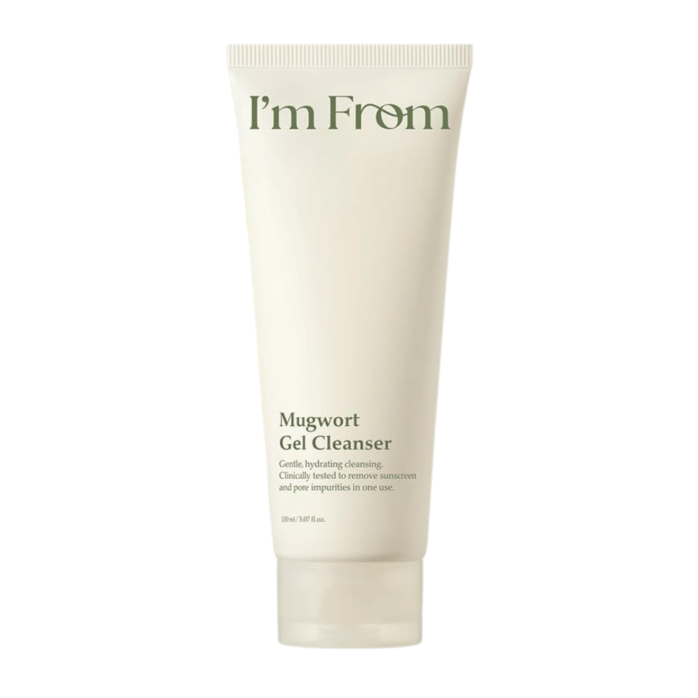 I'm From Mugwort Gel Cleanser 150 ml, detergente detergente viso delicato e idratante con artemisia in un tubetto beige chiaro su sfondo bianco.