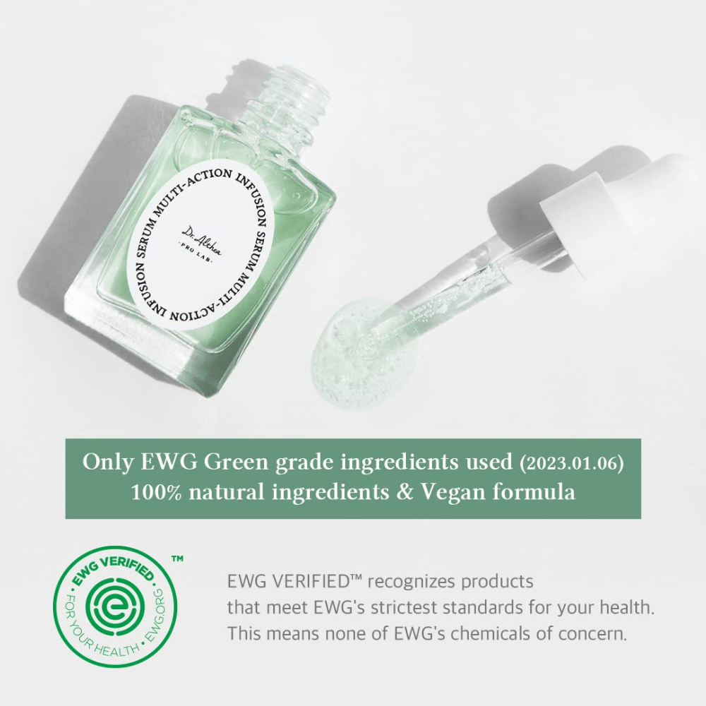 Dr. Althea Multi Action Infusion Serum con formula vegana e ingredienti certificati EWG, delicato per la pelle sensibile e privo di sostanze nocive.