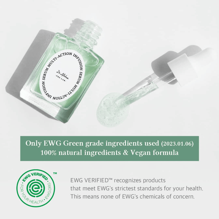 Dr. Althea Multi Action Infusion Serum con formula vegana e ingredienti certificati EWG, delicato per la pelle sensibile e privo di sostanze nocive.