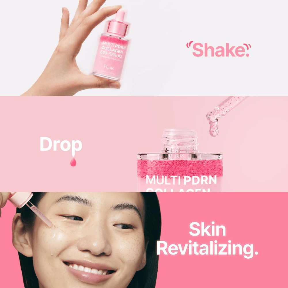 Purito Multi PDRN Collagen EGF Serum – applicazione del siero rosa per una pelle idratata e rivitalizzata.