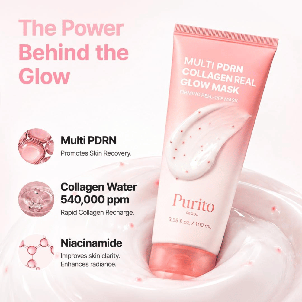 Purito SEOUL Multi PDRN Collagen Real Glow Mask – maschera peel-off con PDRN, acqua di collagene e niacinamide per la luminosità