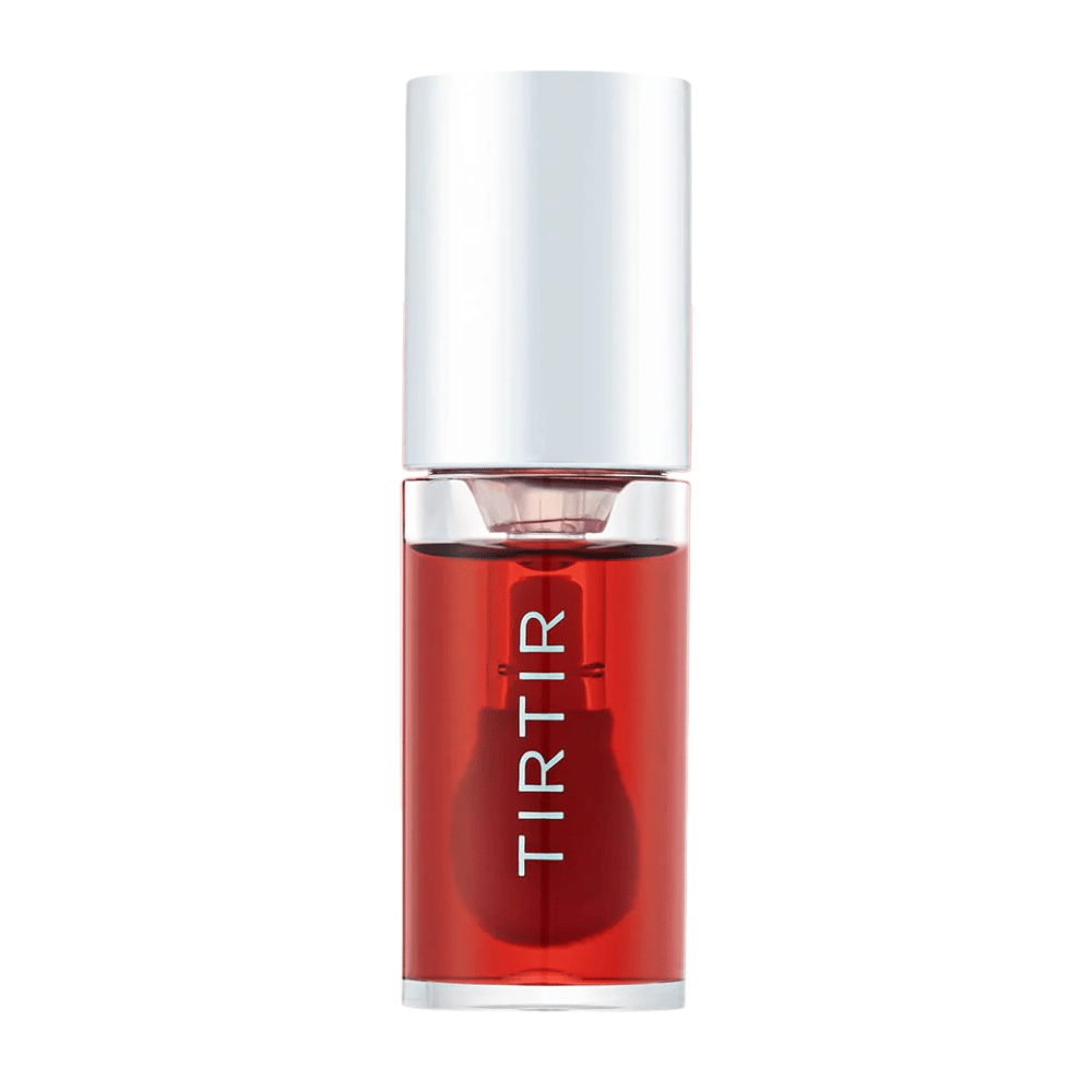 TIRTIR My Glow Lip Oil in una tonalità rossa trasparente con coperchio argentato, mostrato frontalmente su uno sfondo bianco.