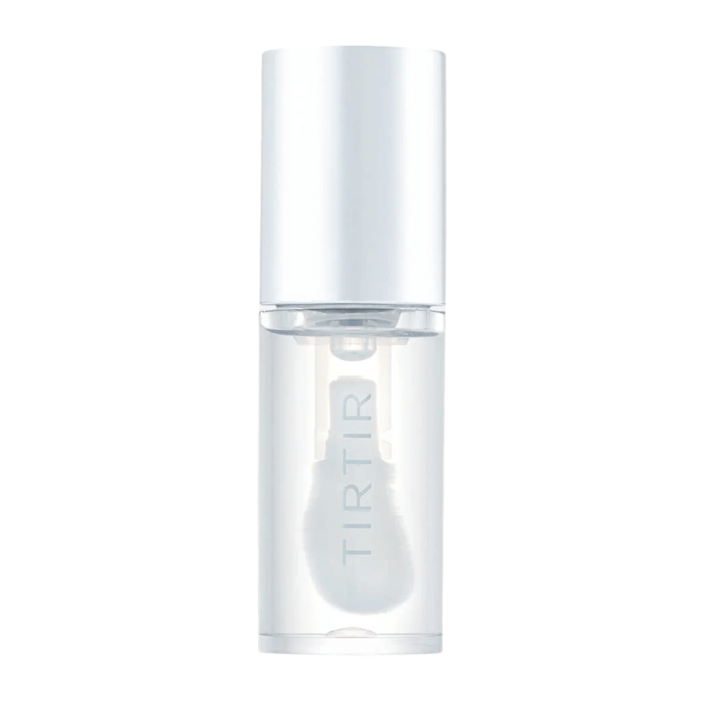 TIRTIR My Glow Lip Oil in una bottiglia trasparente con tappo bianco e design minimalista, isolato su sfondo bianco.