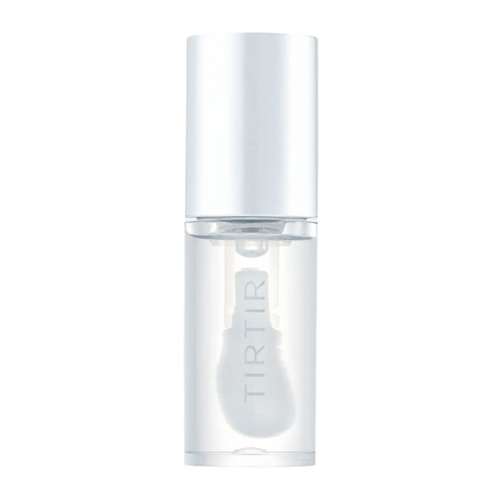 TIRTIR My Glow Lip Oil i genomskinlig flaska med vitt lock och minimalistisk design, frilagd mot vit bakgrund.