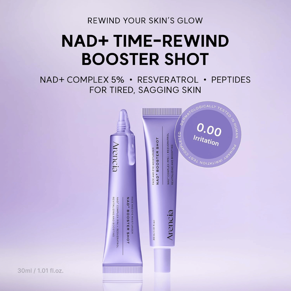 Arencia NAD+ Booster Shot con 5% di NAD+ Complex, resveratrolo e peptidi – crema viso dermatologicamente testata per pelle stanca e matura.