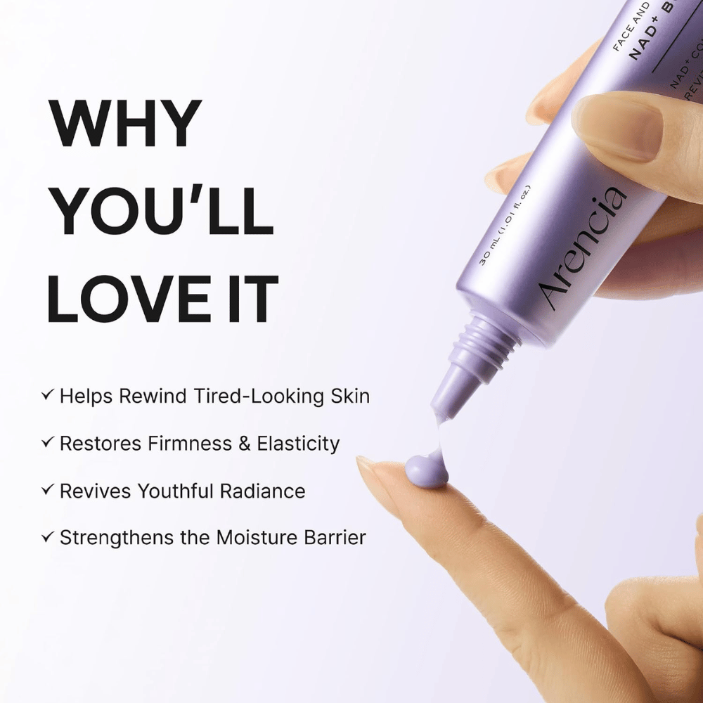 Arencia NAD+ Booster Shot 30 ml – crema viso nutriente che rinforza la barriera cutanea e dona compattezza, elasticità e luminosità.