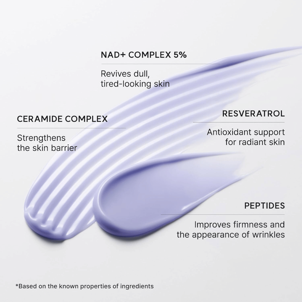 Arencia NAD+ Booster Shot con 5% di NAD+ Complex, complesso di ceramidi, resveratrolo e peptidi per luminosità, compattezza e barriera cutanea.