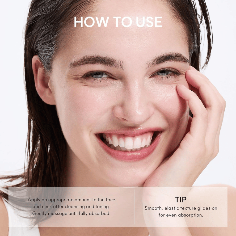 Arencia NAD+ Booster Shot – applicazione della crema viso idratante su viso e collo dopo la detersione e tonico viso.
