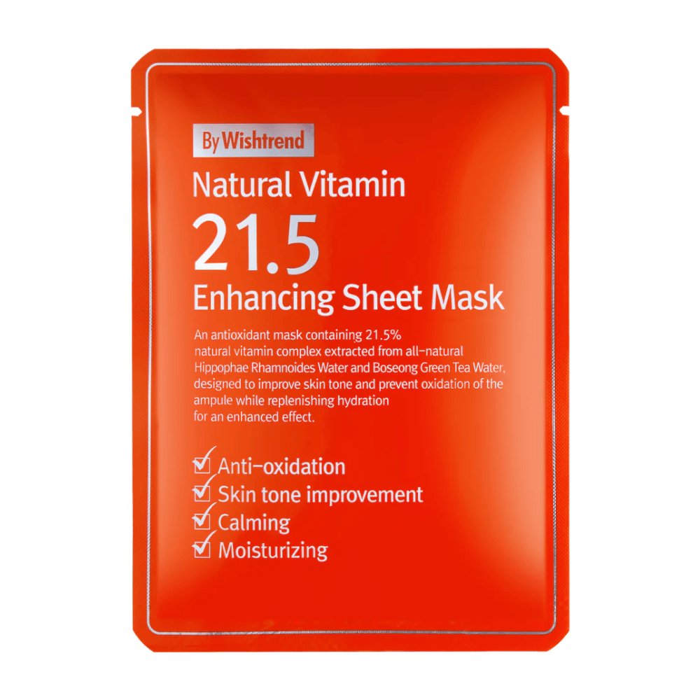 By Wishtrend Natural Vitamin 21.5% Enhancing Sheet Mask in una confezione rossa con testo bianco, che mette in evidenza le sue proprietà antiossidanti e idratanti.