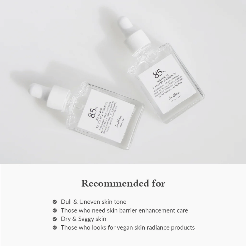 Dr. Althea Natural Radiance Essence con 85% di Estratto di Prugna Kakadu, adatto per pelle spenta, tono della pelle irregolare e pelle secca che necessita di una barriera cutanea rafforzata.