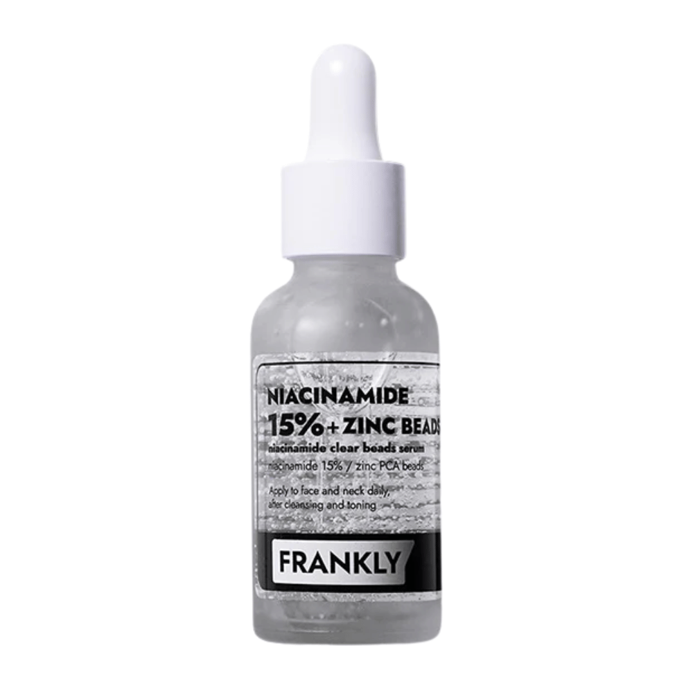 Immagine del prodotto di FRANKLY Niacinamide 15% + Zinc Beads Serum in bottiglia di vetro con pipetta. Un siero che bilancia, calma e migliora la chiarezza della pelle.