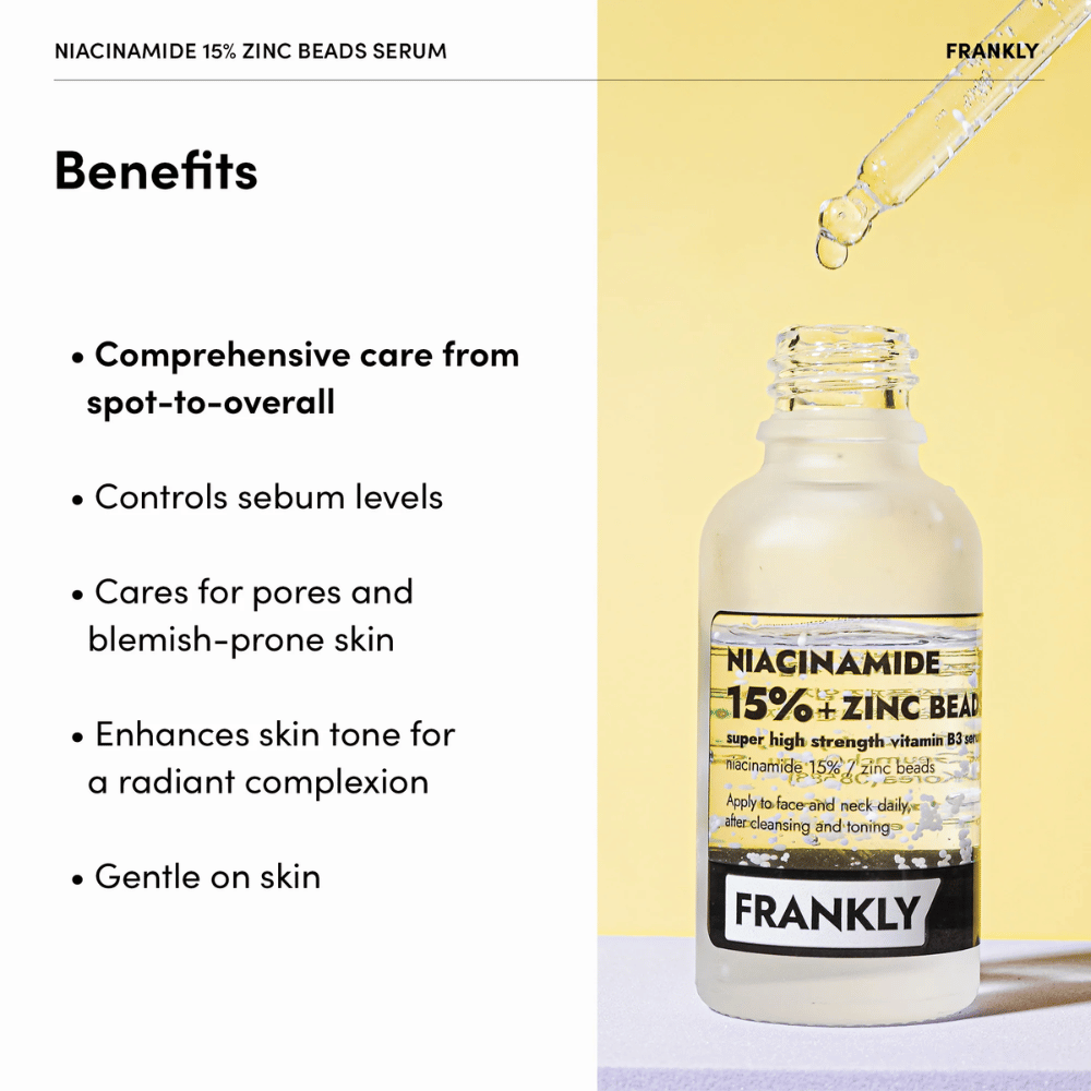 Bottiglia di FRANKLY Niacinamide 15% + Zinc Beads Serum su sfondo giallo. Il testo elenca i benefici: bilancia il sebo, riduce i pori e uniforma il tono della pelle.