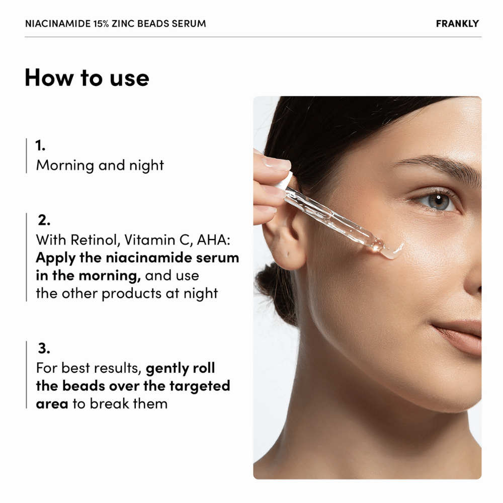 Donna applica FRANKLY Niacinamide 15% + Zinc Beads Serum con pipetta sulla guancia. Il testo spiega l'uso mattina e sera e il massaggio delicato delle perle.