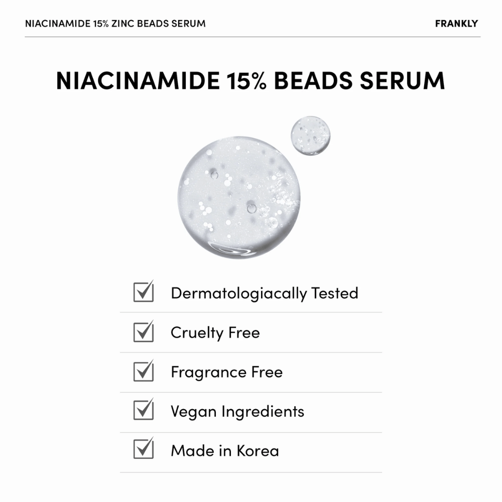 Gel trasparente con perle bianche in FRANKLY Niacinamide 15% + Zinc Beads Serum. Il testo indica che il prodotto è vegano, senza profumo e dermatologicamente testato.