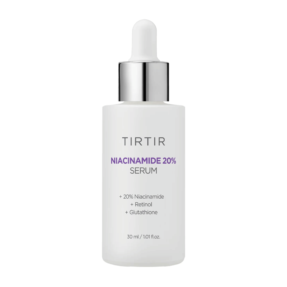 La bottiglia di Tirtirs "Niacinamide 20% Serum" è su uno sfondo bianco. Il siero contiene il 20% di niacinamide, retinolo e glutatione, ed è progettato per migliorare la struttura della pelle e donare un incarnato più radioso. Il contenuto della bottiglia è di 30 ml.