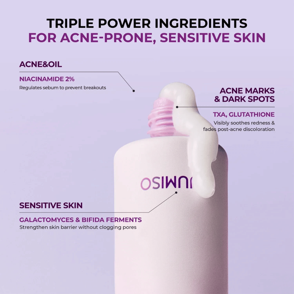 Grafica informativa che presenta gli ingredienti chiave del prodotto e le loro funzioni. La niacinamide aiuta a regolare la produzione di sebo, l'acido tranexamico e il glutatione contribuiscono a un tono della pelle più uniforme, mentre il galactomyces e il fermento bifida rafforzano la barriera cutanea.