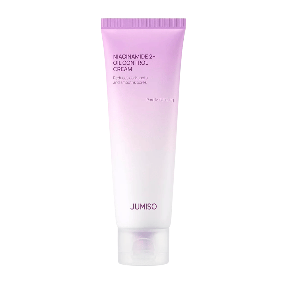 Immagine del prodotto di JUMISO Niacinamide 2+ Oil Control Cream su sfondo chiaro. Il tubo rosa e bianco mette in risalto l'attenzione del prodotto sul controllo del sebo, la riduzione dei pori e il miglioramento del tono della pelle per pelli grasse e miste.