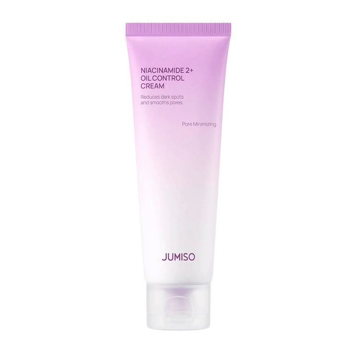 Immagine del prodotto di JUMISO Niacinamide 2+ Oil Control Cream su sfondo chiaro. Il tubo rosa e bianco mette in risalto l'attenzione del prodotto sul controllo del sebo, la riduzione dei pori e il miglioramento del tono della pelle per pelli grasse e miste.