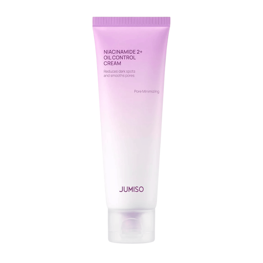 Immagine del prodotto di JUMISO Niacinamide 2+ Oil Control Cream su sfondo chiaro. Il tubo rosa e bianco mette in risalto l'attenzione del prodotto sul controllo del sebo, la riduzione dei pori e il miglioramento del tono della pelle per pelli grasse e miste.