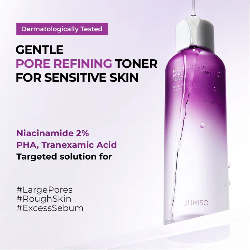 Immagine promozionale del tonico con testo che indica che il prodotto è dermatologicamente testato e adatto alla pelle sensibile. L’attenzione è rivolta al perfezionamento dei pori, al controllo del sebo e all’esfoliazione con niacinamide, PHA e acido tranexamico.