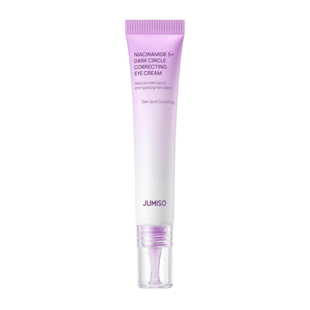 5. Jumiso Niacinamide 5+ Dark Circle Correcting Eye Cream – tubo lilla e bianco con applicatore trasparente su sfondo bianco