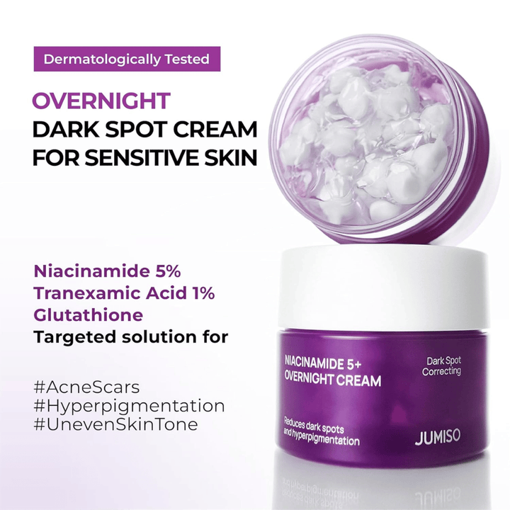 JUMISO Niacinamide 5+ Overnight Cream con barattolo aperto che mostra la texture in gel a capsule. L'immagine mette in evidenza ingredienti come niacinamide 5%, acido tranexamico 1% e glutatione per la pigmentazione e il tono della pelle non uniforme.