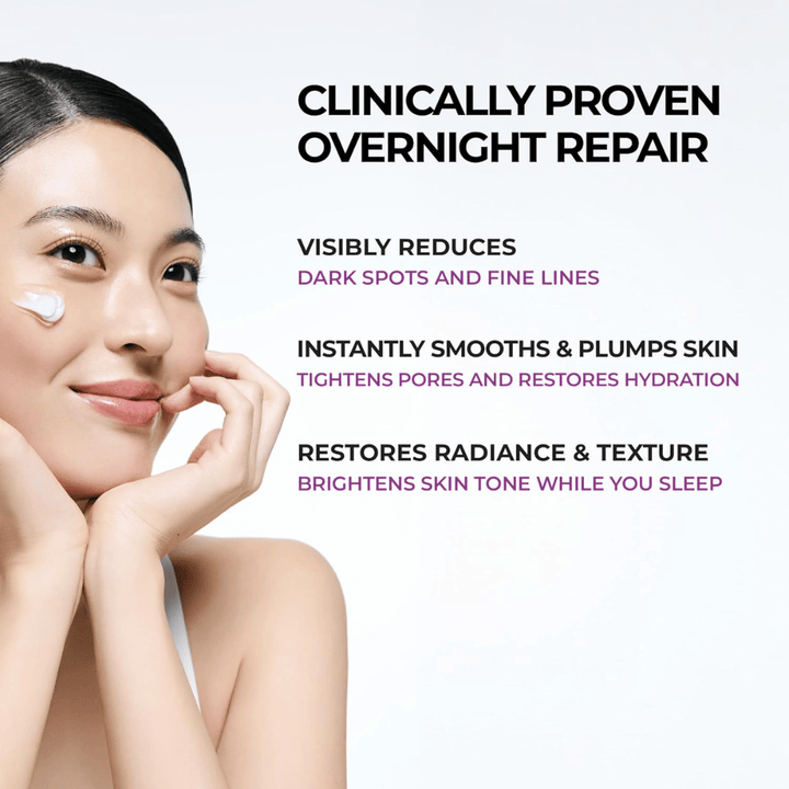 La modella applica JUMISO Niacinamide 5+ Overnight Cream sulla guancia. L'immagine evidenzia le proprietà nutrienti della crema notte per migliorare la luminosità della pelle, l'equilibrio dell'idratazione e la grana della pelle durante la notte.