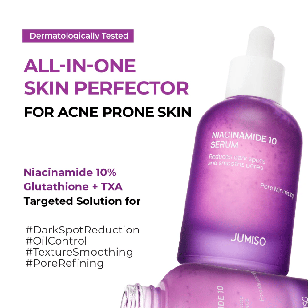Jumiso Niacinamide 10 Serum – un siero tutto-in-uno per la pelle soggetta ad acne con il 10% di niacinamide, glutatione e TXA che riduce le macchie scure e i pori.