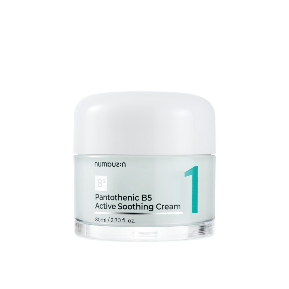 Numbuzin No.1 Pantothenic B5 Active Soothing Cream 80 ml in un barattolo verde chiaro con coperchio bianco e numero 1 ben visibile stampato sul davanti.