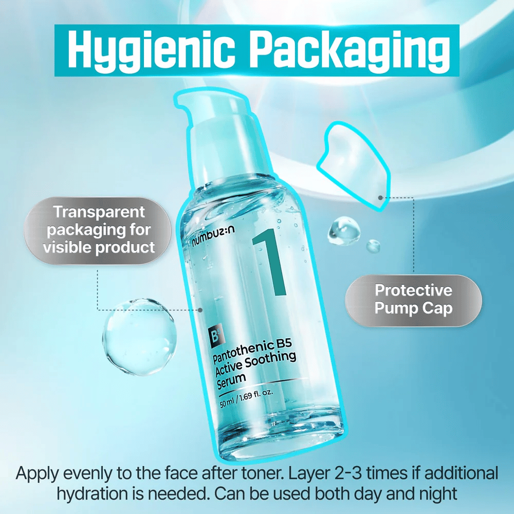 numbuzin No.1 Pantothenic B5 Active Soothing Serum 50 ml – siero B5 lenitivo con pompa igienica e flacone trasparente per pelle incline all'acne