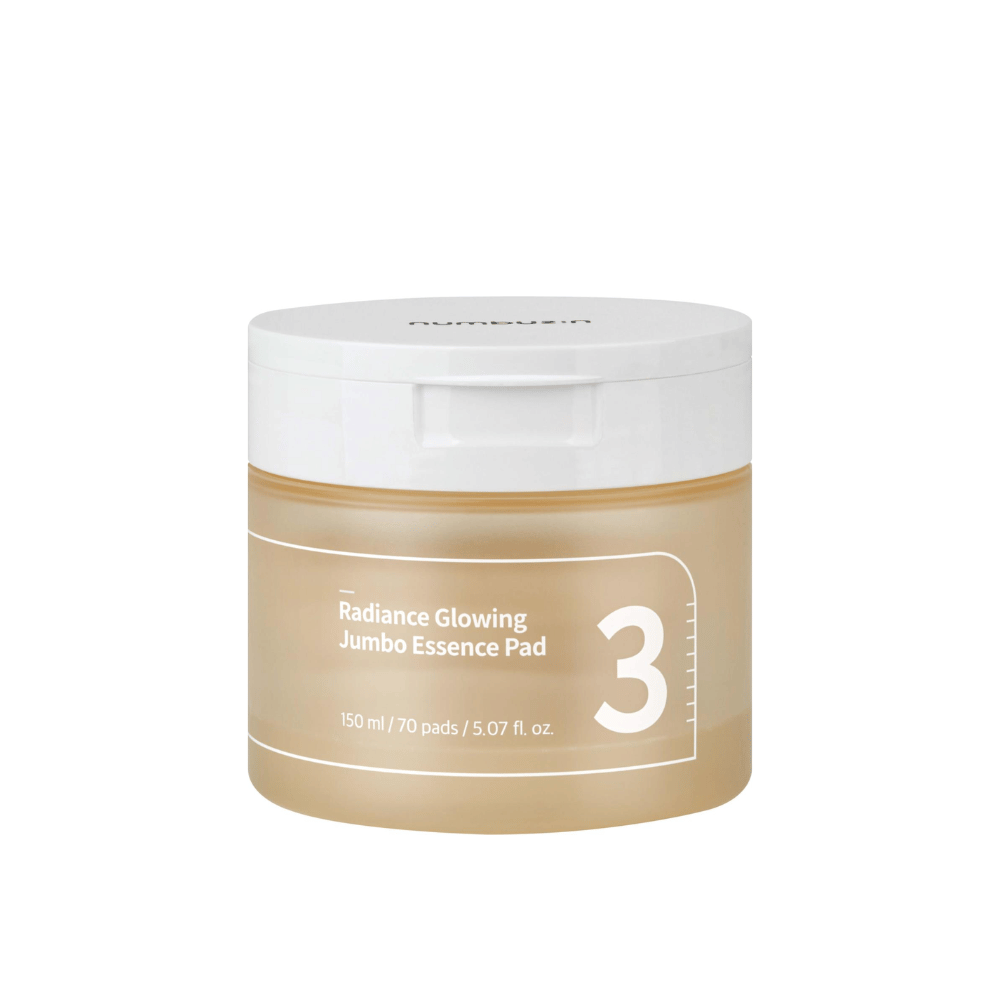 Produktbild på sluten burk med numbuzin No. 3 Radiance Glowing Jumbo Essence Pad, 150 ml / 70 pads.