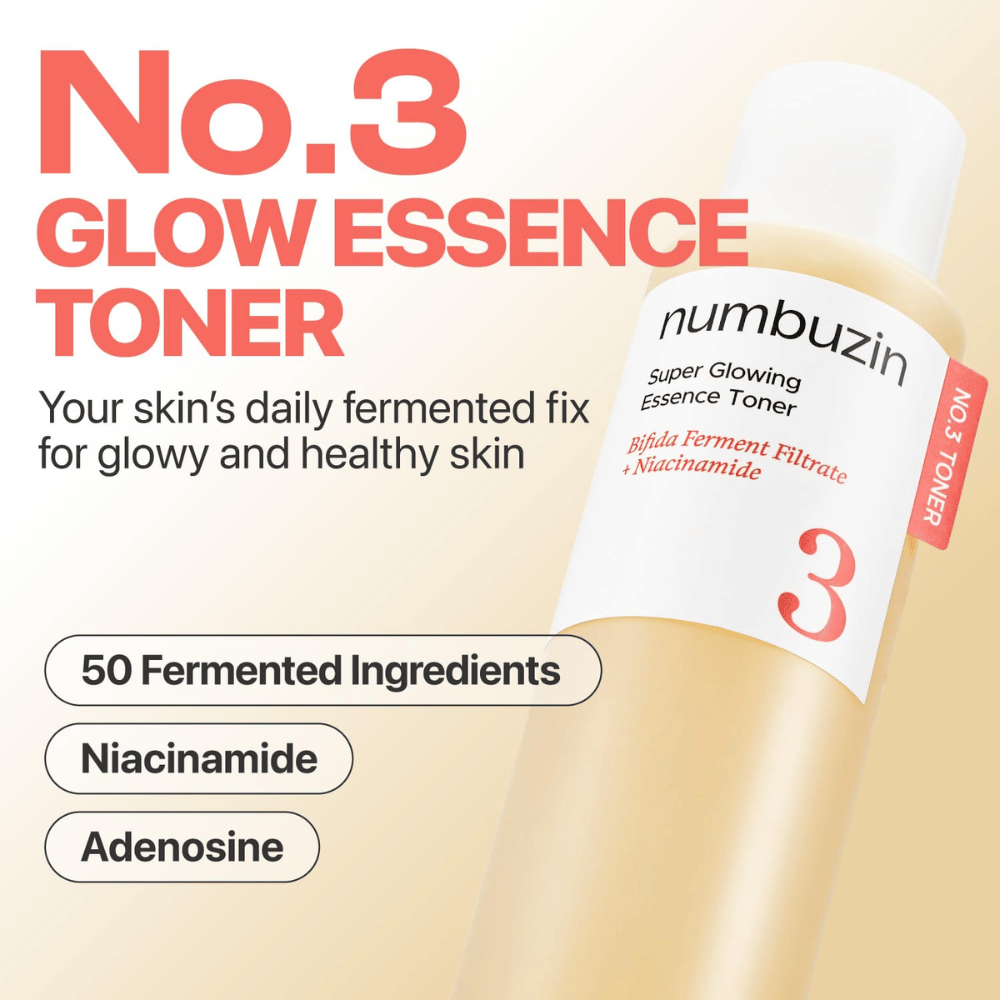 Numbuzin No.3 Glow Essence Toner – essenza fermentata quotidiana per una pelle fresca, idratata e radiosa.