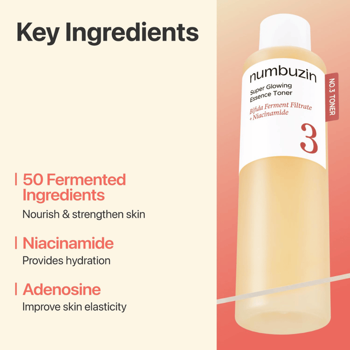 Numbuzin No.3 Tonico viso contiene 50 ingredienti fermentati, niacinamide e adenosina che rafforzano e idratano la pelle.