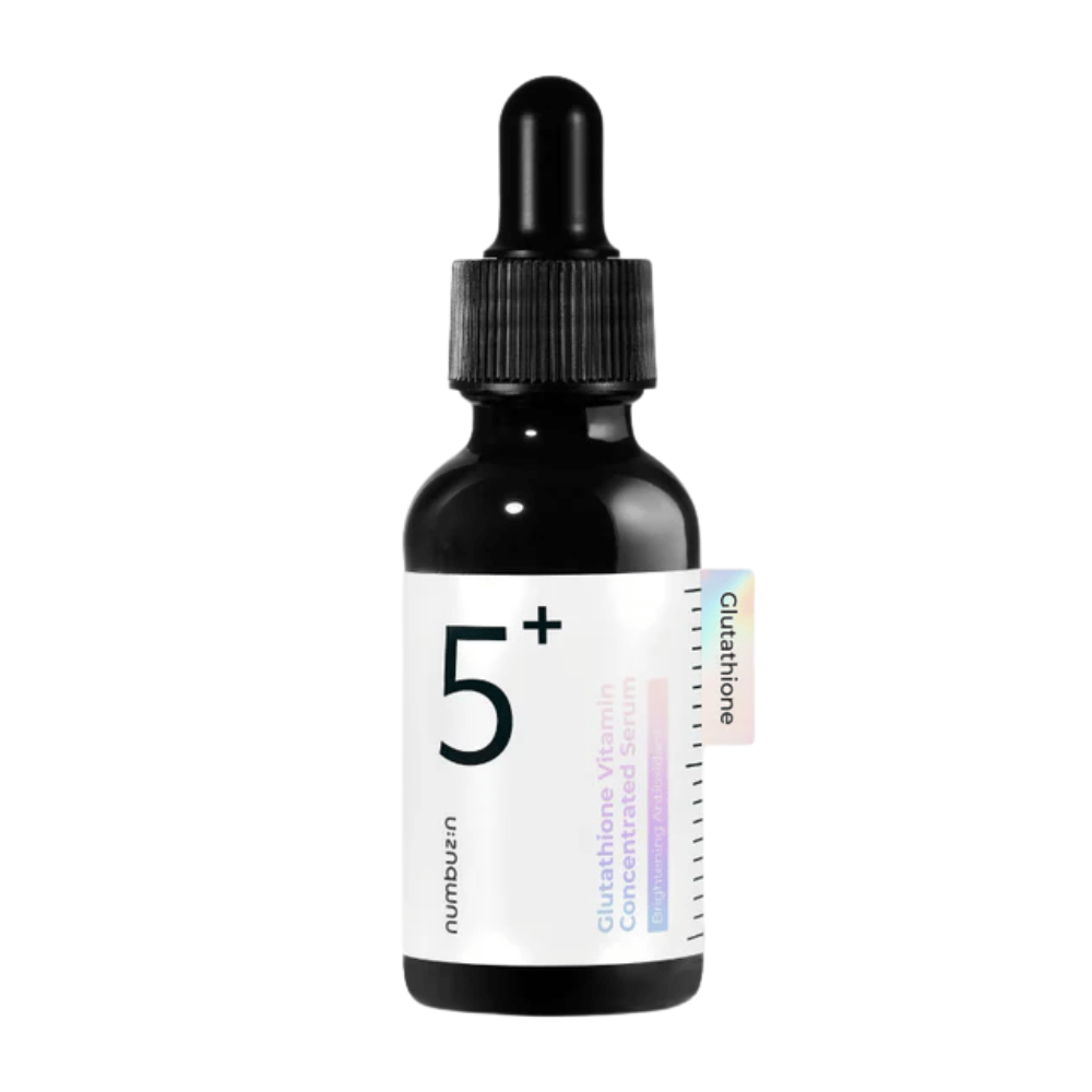 Immagine del prodotto su Numbuzin No.5+ Glutathione Vitamin Concentrated Serum in bottiglia di vetro nero con pipetta. Per risultati uniformanti del pigmento.