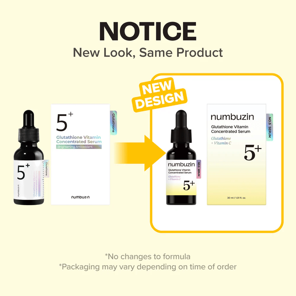 numbuzin No.5+ Glutathione Vitamin Concentrated Serum in un nuovo design della confezione – stessa formula per luminosità e un incarnato più uniforme.