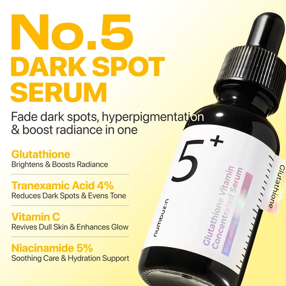 numbuzin No.5+ Glutathione Vitamin Concentrated Serum – siero illuminante con glutatione, acido tranexamico, vitamina C e 5% niacinamide.