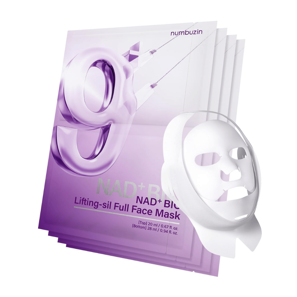 Confezione di maschere per il viso di No.9 NAD Bio Lifting-sil, inclusa la completa maschera viso in materiale trasparente e la confezione che mostra l'uso del prodotto per il lifting del viso.