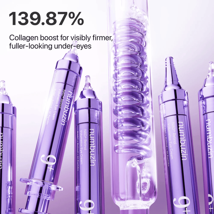 Illustrazione che mostra il potenziamento del collagene da No.9 NAD+ Retinol Volumetox Eye Cream, sviluppato per una pelle più soda e piena sotto gli occhi con risultati visibili.