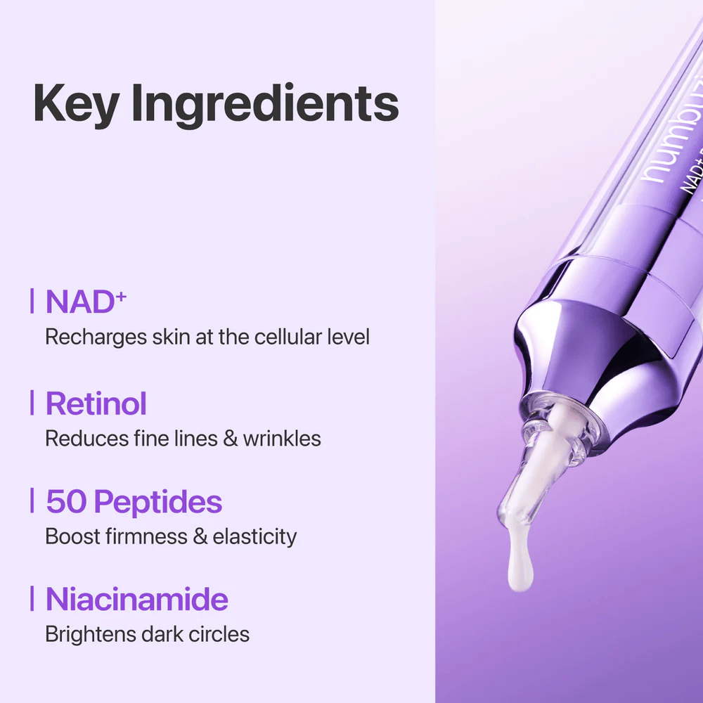 Ingredienti chiave in No.9 NAD+ Retinol Volumetox Eye Cream, con NAD+, retinolo, 50 peptidi e niacinamide che aiutano a rafforzare la pelle e ridurre le linee sottili.