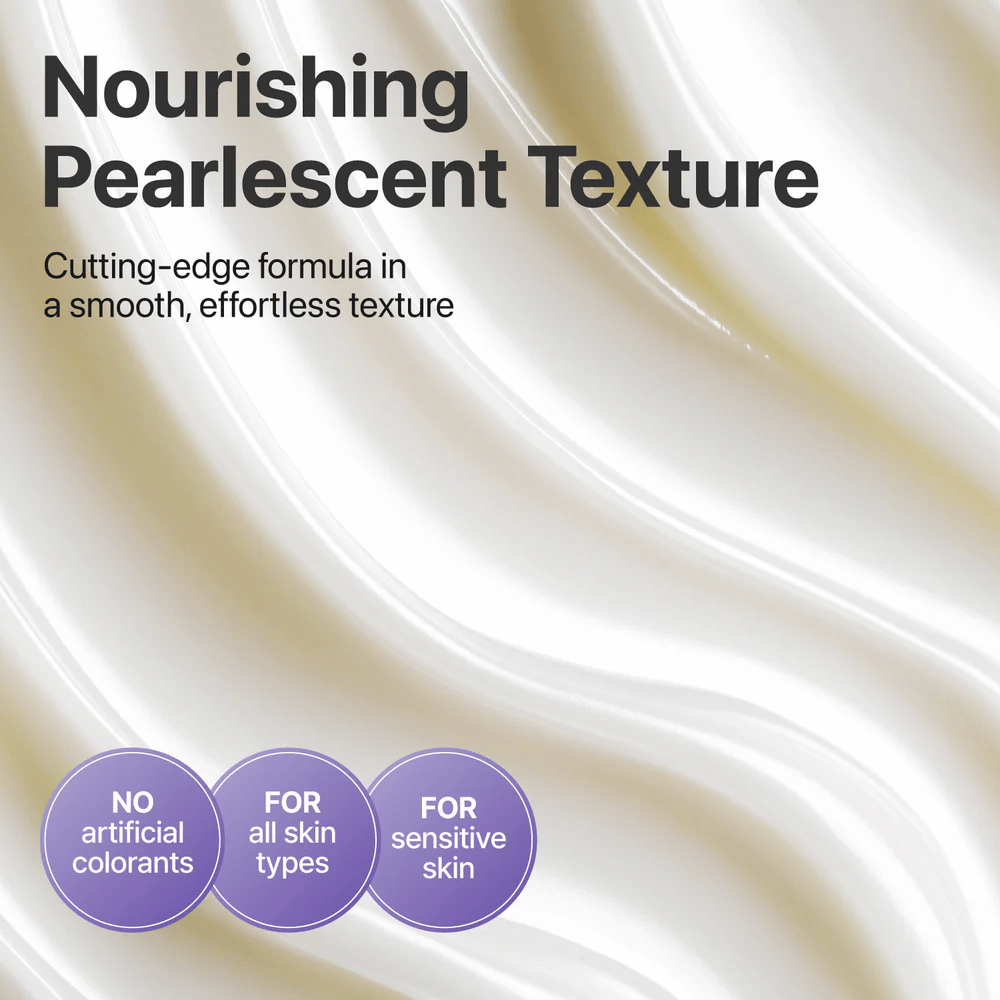 Primo piano della texture perlata di No.9 NAD+ Retinol Volumetox Eye Cream, una crema contorno occhi nutriente e morbida senza coloranti artificiali, adatta per pelli sensibili.