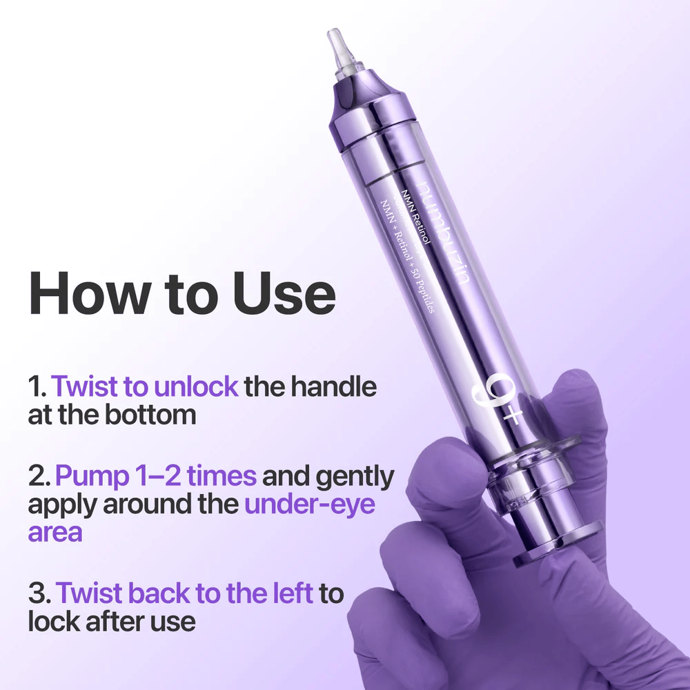 Immagine di istruzioni che mostra come utilizzare No.9 NAD+ Retinol Volumetox Eye Cream, con funzione di rotazione, erogatore a pompa e applicazione intorno alla zona degli occhi per un uso sicuro e preciso.