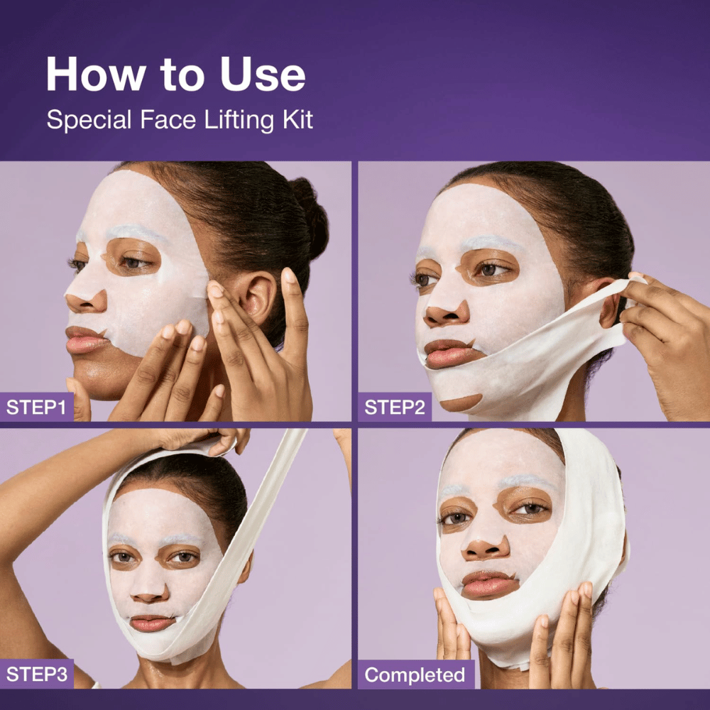 Istruzioni fotografiche passo-passo per l'uso di un kit lifting per il viso, in cui il modello applica la maschera facciale e regola la fascia di sollevamento per completare il trattamento.