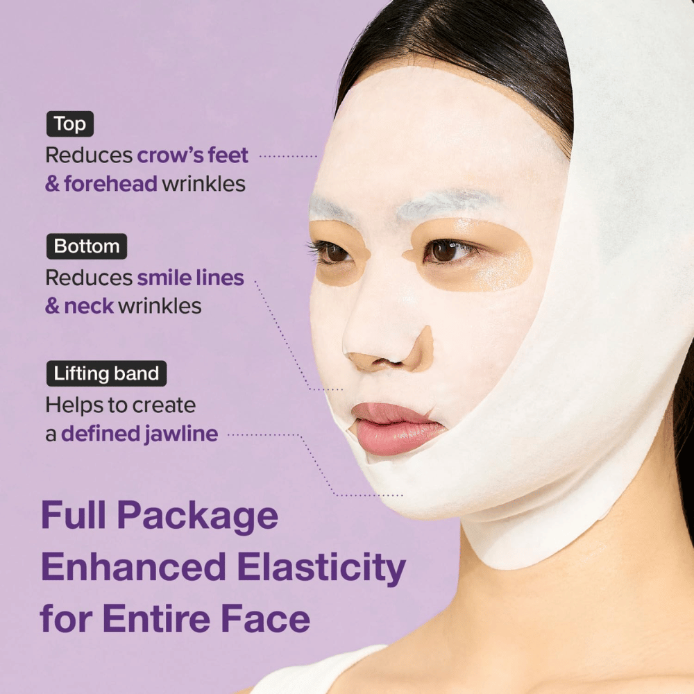 Modello che indossa una maschera viso con sezioni specifiche che riducono le rughe intorno agli occhi, sulla fronte, alle fossette e al collo, oltre a una fascia di sollevamento per definire la linea della mascella. Il testo descrive i benefici dell'uso della maschera.