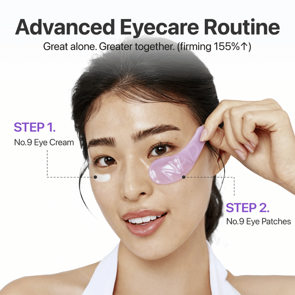 Applicazione di numbuzen No.9 NAD+ Collagen Eye Patch passo dopo passo nella routine di cura degli occhi per una pelle più tonica e vivace.