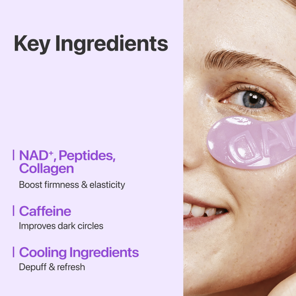 Primo piano di numbuzen No.9 NAD+ Collagen Eye Patch – contiene NAD+, collagene e peptidi che rafforzano e idratano la pelle sotto gli occhi.