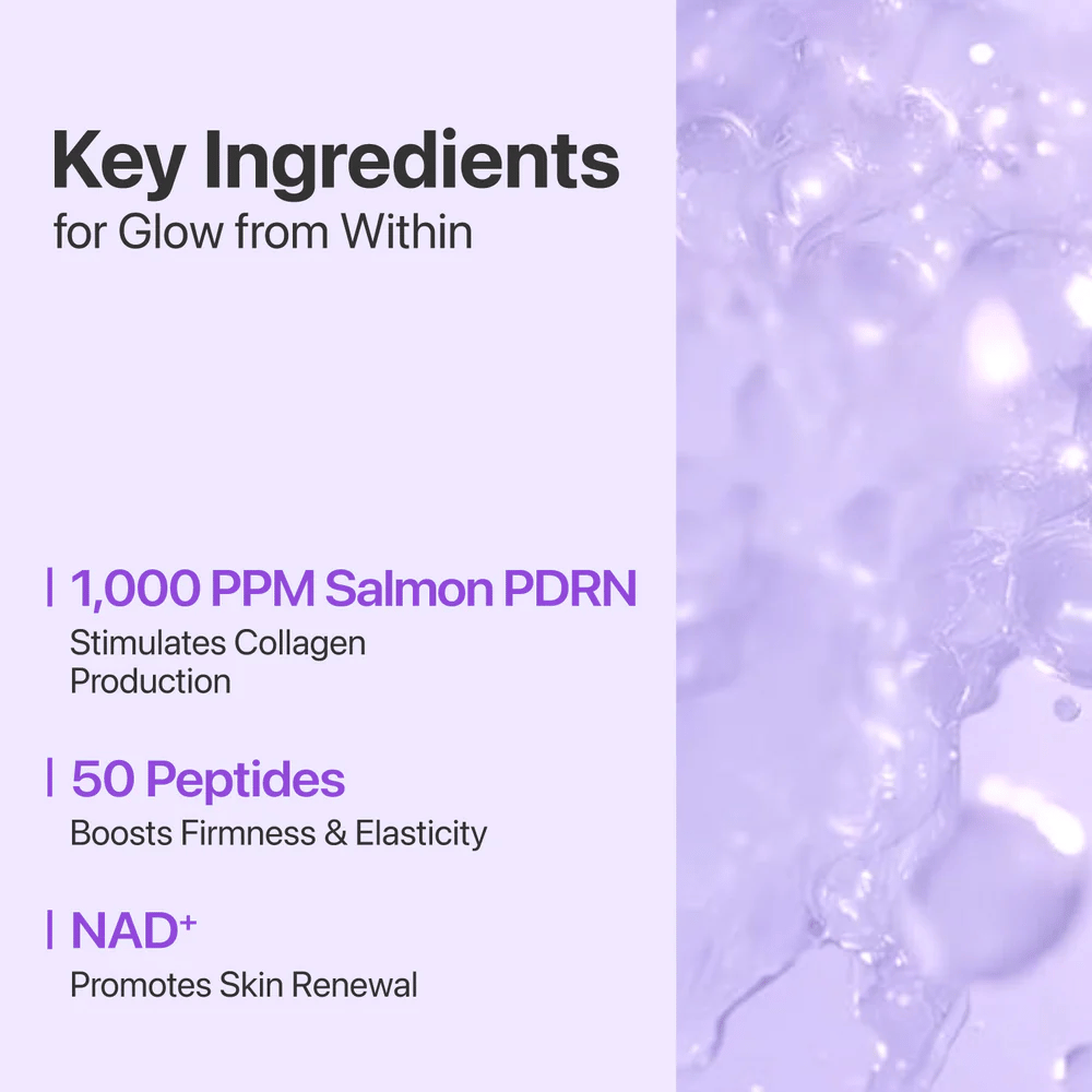 Testo e sfondo mostrano gli ingredienti principali: 1000 ppm Salmon PDRN, 50 Peptidi e NAD+ che rafforzano, idratano e rinnovano la pelle.