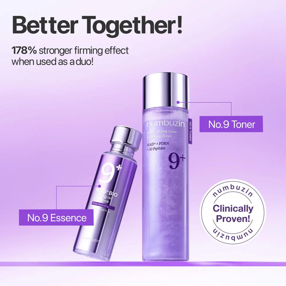 Numbuzin No.9 Tonico viso e Essence mostrati insieme in tonico viso viola. Testo: "Meglio insieme – effetto rassodante del 178% più forte quando usati in coppia."