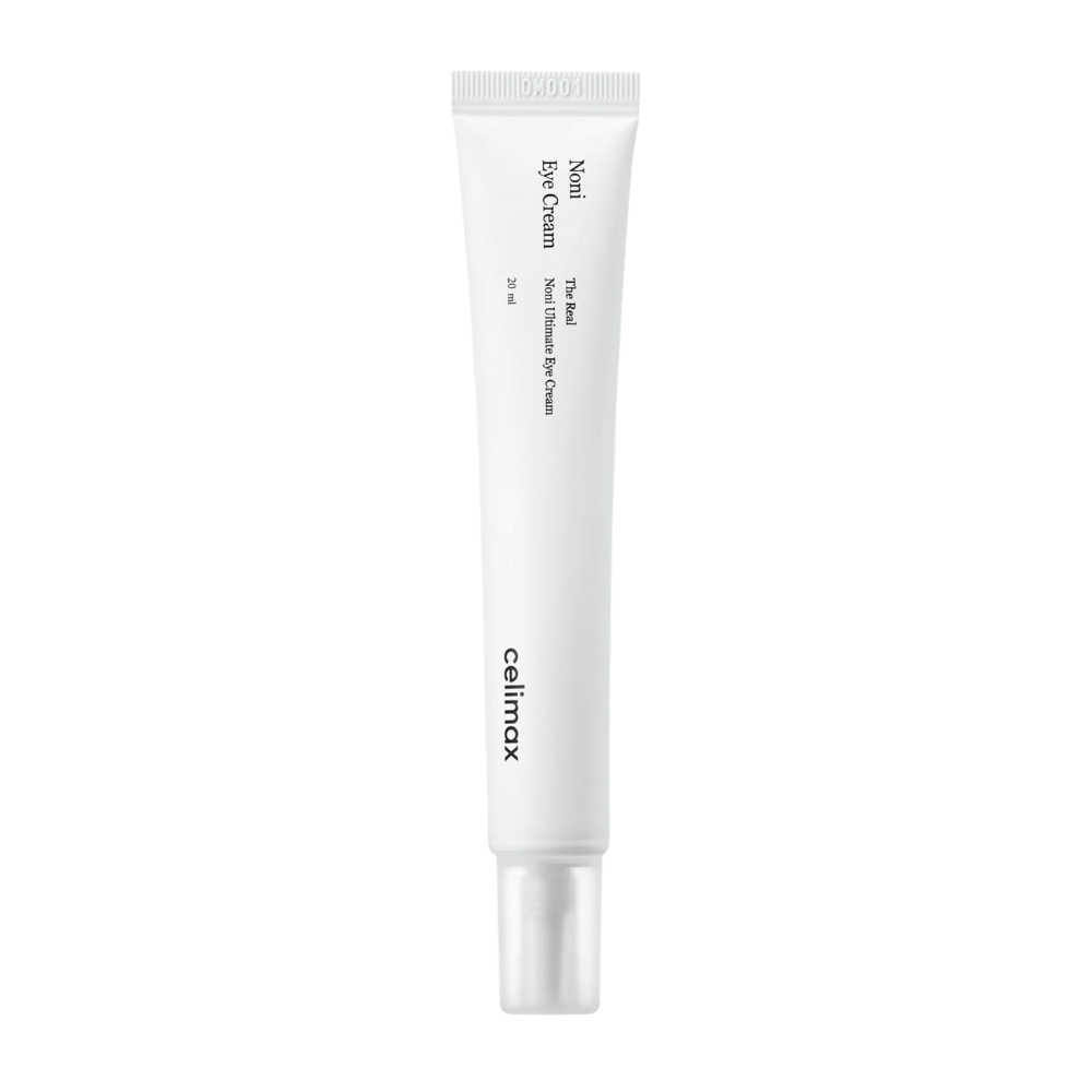 Noni Eye Cream in un tubetto bianco con un tappo trasparente. Il prodotto è del marchio Celimax e contiene 20 ml. Il testo sul tubetto indica che è una crema contorno occhi nutriente.